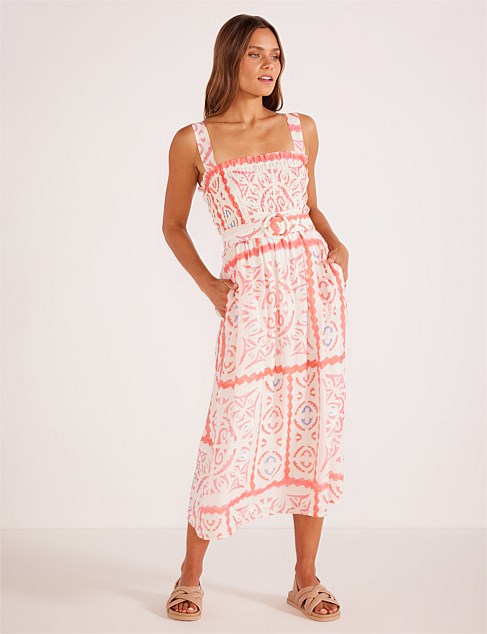 mink pink lolani shirred midi dress pink tile print