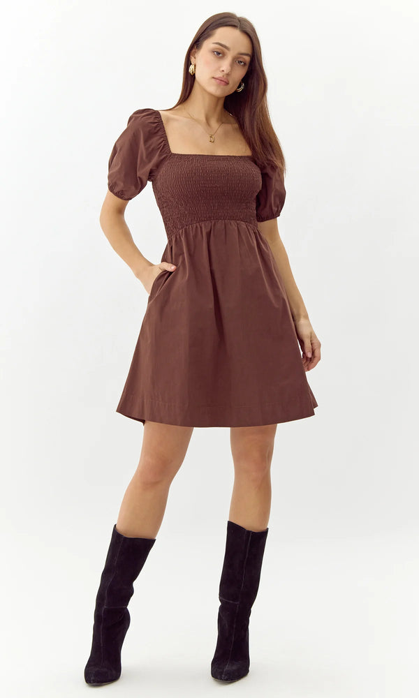 gremlin elsie poplin smocked mini dress espresso