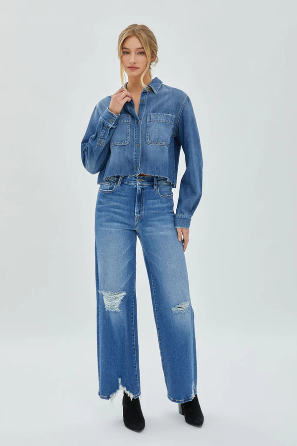 hidden abbey medium wash cropped denim shirt