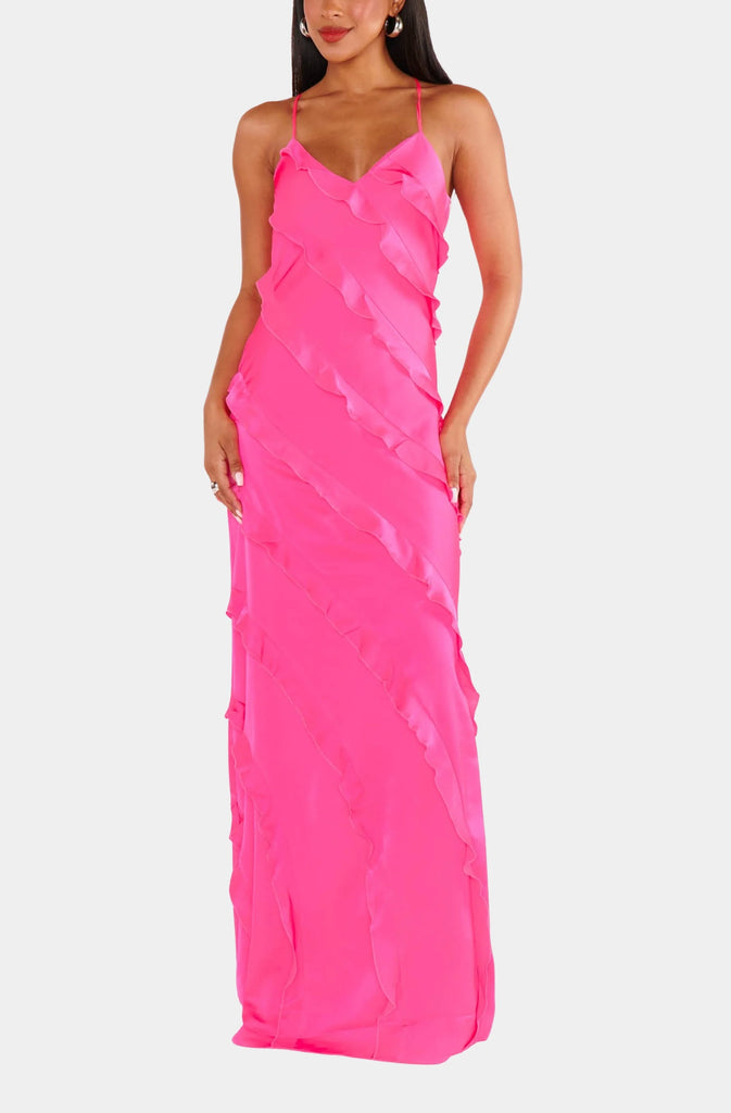 Show Me Your Mumu Romance Ruffle Dress Pink Satin