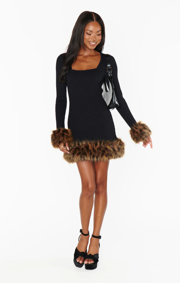 show me your mumu Francine mini dress knit faux fur black