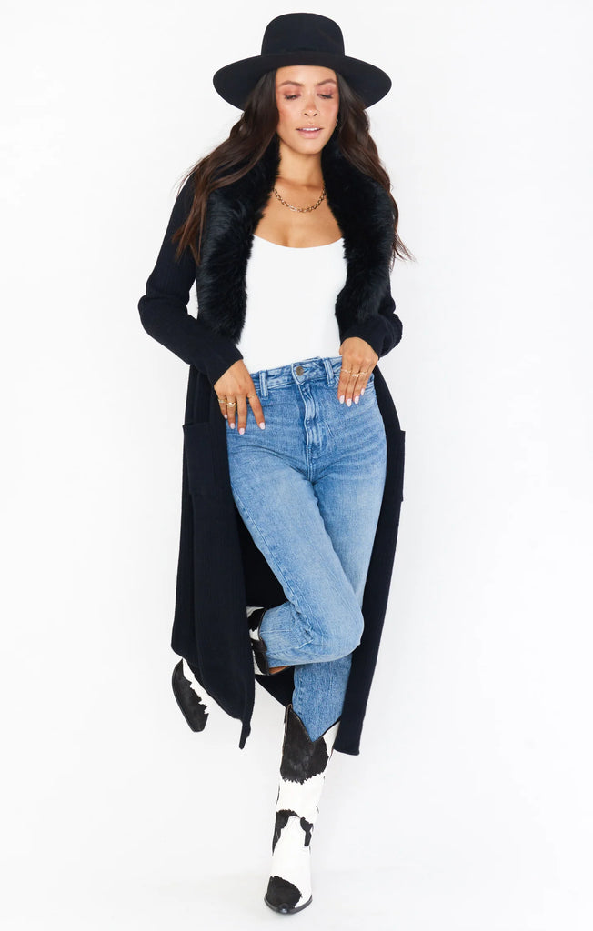 show me your mumu Lombardi long Cardi black knit faux fur