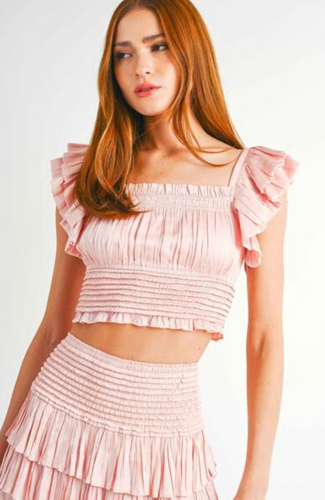 reset by Jane ruffle sleeve cropped smock top lt pink