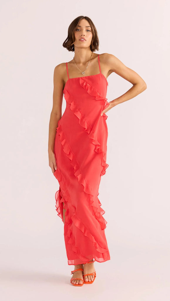 mink pink Venus ruffle maxi dress red
