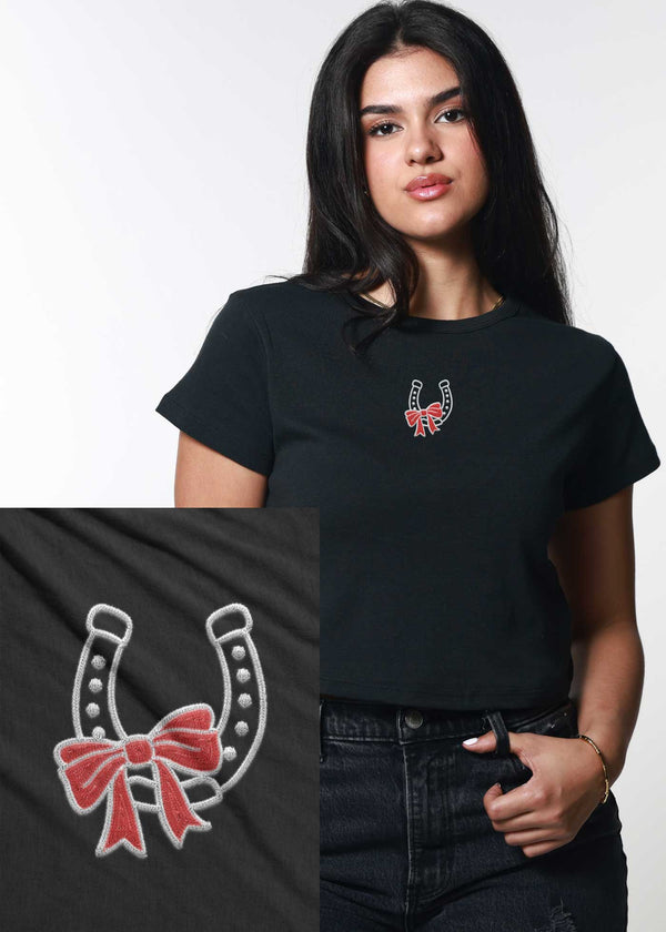 girl dangerous horseshoe bow tee black