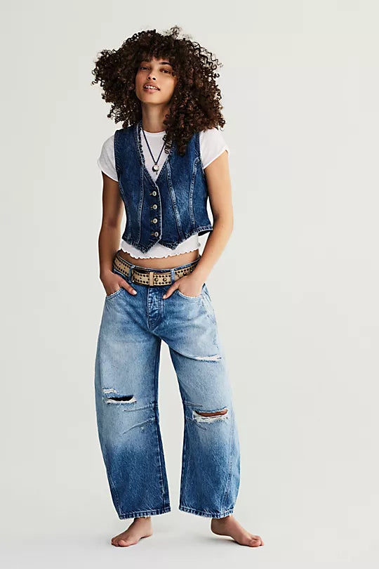 Free People Good Luck Barrel Jean Barnyard Blue