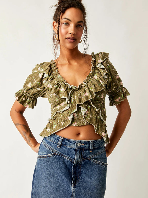 free people favorite girl top army green floral