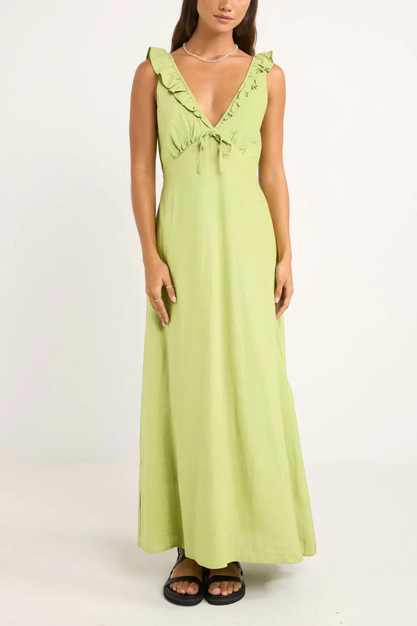 Rhythm Mila Ruffle Maxi Dress Matcha