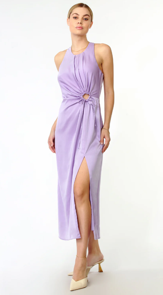 greylin fiona satin o-ring midi violet dress