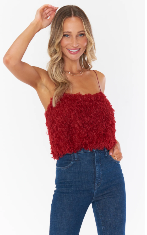 show me your mumu she cute faux feather red top